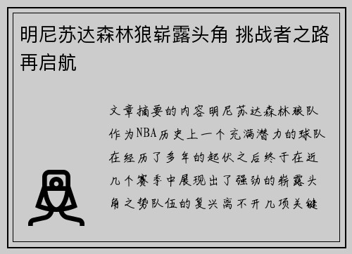 明尼苏达森林狼崭露头角 挑战者之路再启航
